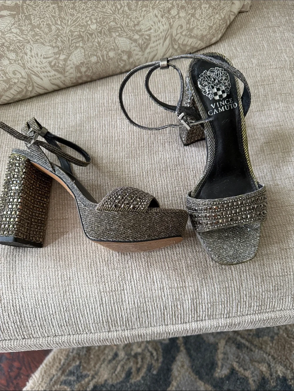 Vince Camuto Black Glitter Ankle-Strap Platform Block Heel Sandals